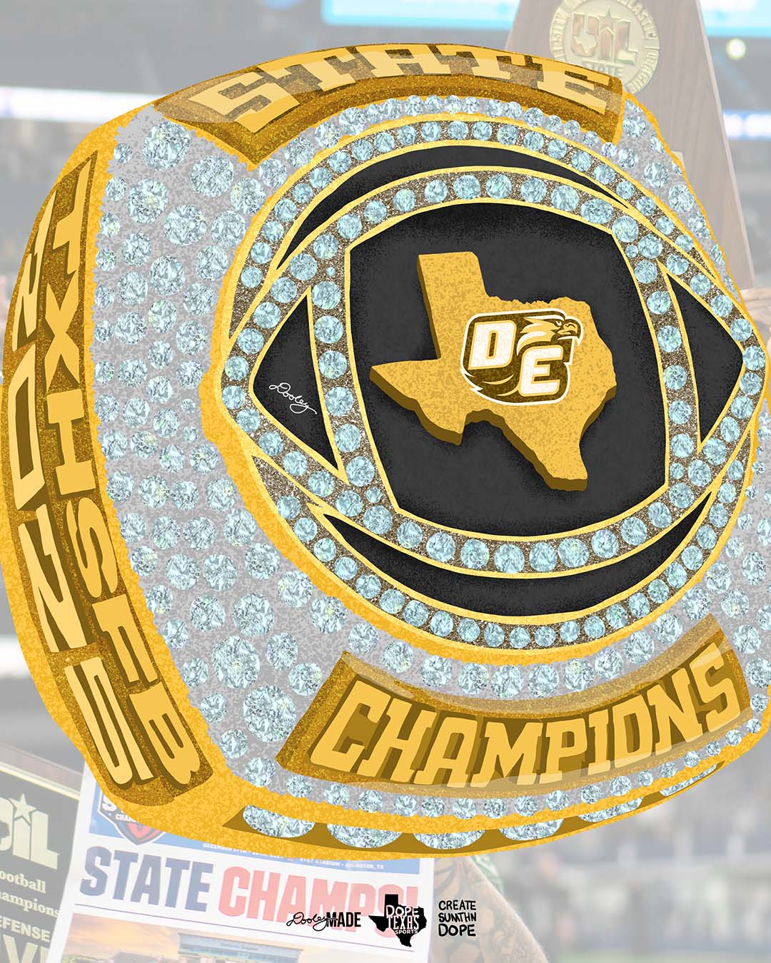 An illustrated Gold championship ring shirt design with Texas state outline and Desoto Eagles logo, surrounded by 'State Champions' text and diamond. 