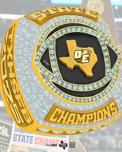 An illustrated Gold championship ring shirt design with Texas state outline and Desoto Eagles logo, surrounded by 'State Champions' text and diamond. 