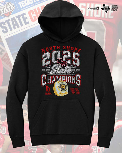 Black oversized hoodie with 'North Shore 2025 State Champions' text in diamonds and golden champion ring design with 6 time champions an and championship years (2003, 2015, 2018, 2019, 2021, 2025.