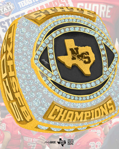 An illustrated Gold championship ring shirt design with Texas state outline and North Shore logo, surrounded by 'State Champions' text and diamond. 
