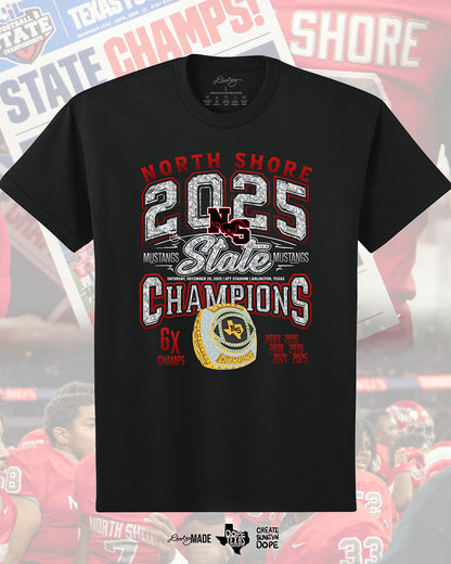 Black Shirt with 'North Shore 2025 State Champions' text in diamonds and golden champion ring design with 6 time champions an and championship years (2003, 2015, 2018, 2019, 2021, 2025.