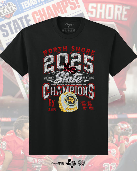 Black Shirt with 'North Shore 2025 State Champions' text in diamonds and golden champion ring design with 6 time champions an and championship years (2003, 2015, 2018, 2019, 2021, 2025.
