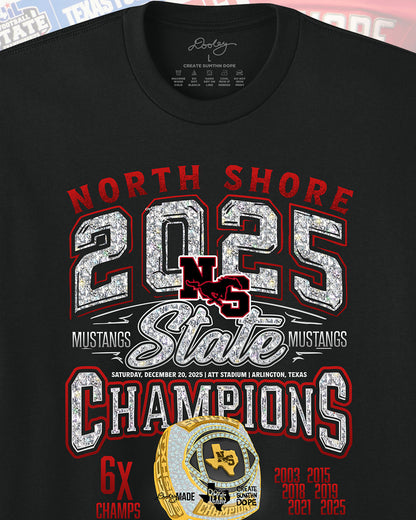 Zoomed Black Shirt with 'North Shore 2025 State Champions' text in diamonds and golden champion ring design with 6 time champions an and championship years (2003, 2015, 2018, 2019, 2021, 2025. Zoomed to show detail.