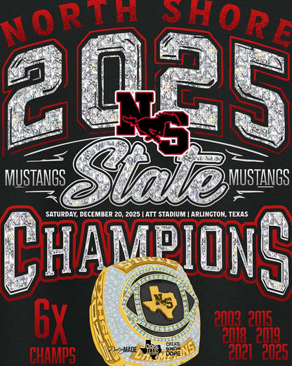 Black Shirt with 'North Shore 2025 State Champions' text in diamonds and golden champion ring design with 6 time champions an and championship years (2003, 2015, 2018, 2019, 2021, 2025. Zoomed to show detail.