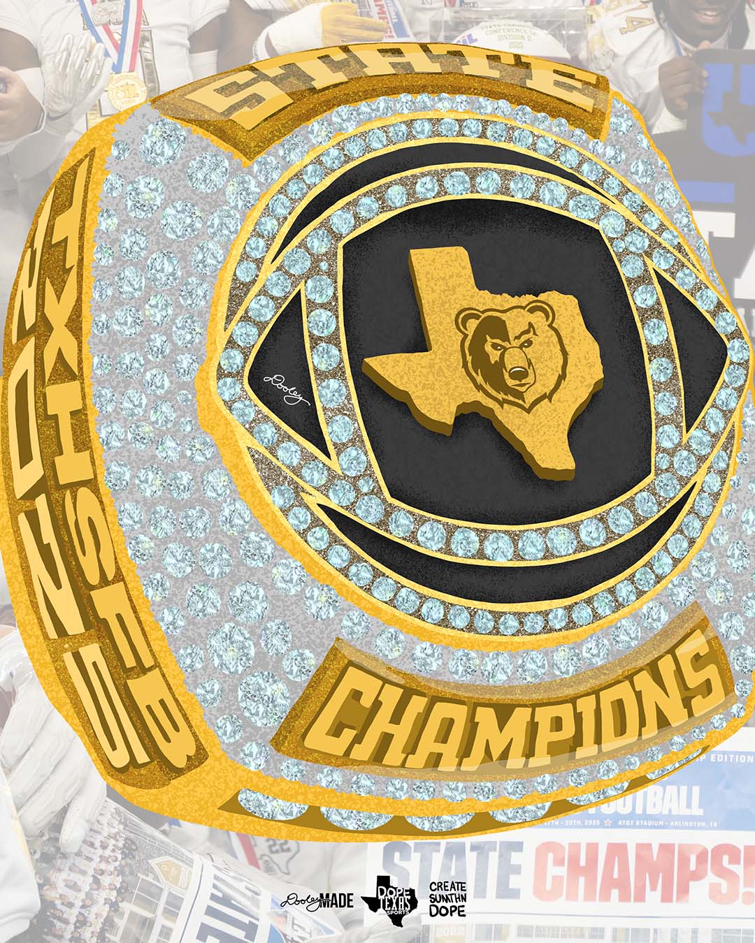 An illustrated Gold championship ring shirt design with Texas state outline and South Oak Cliff Golden bear logo, surrounded by 'State Champions' text and diamond. 
