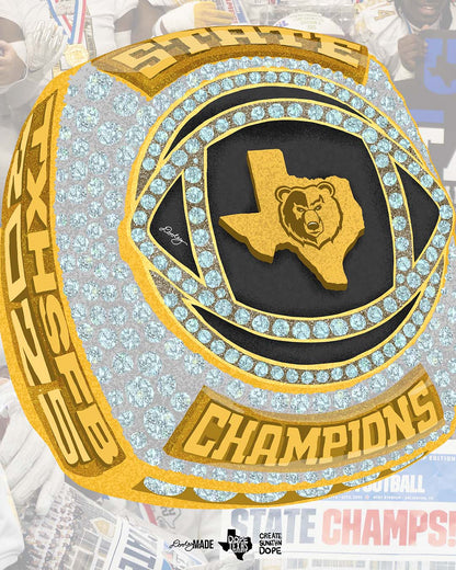 An illustrated Gold championship ring shirt design with Texas state outline and South Oak Cliff Golden bear logo, surrounded by 'State Champions' text and diamond. 