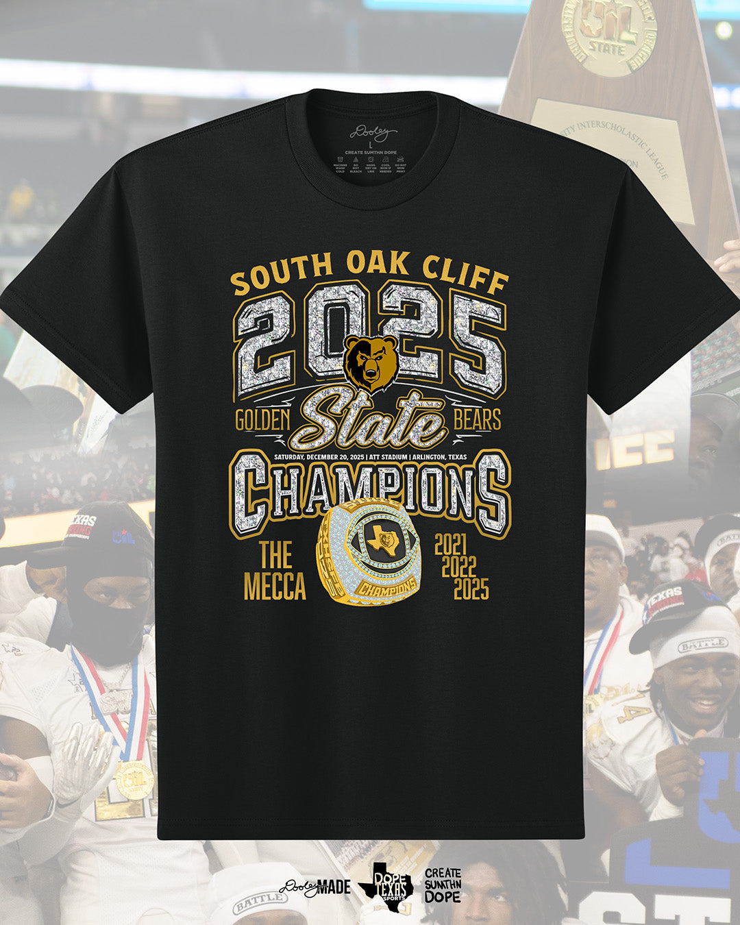 Black Shirt with 'South Oak Cliff 2025 State Champions' text in diamonds and and golden champion ring design with 'The Mecca' text and championship years (2021, 2022, 2025.)