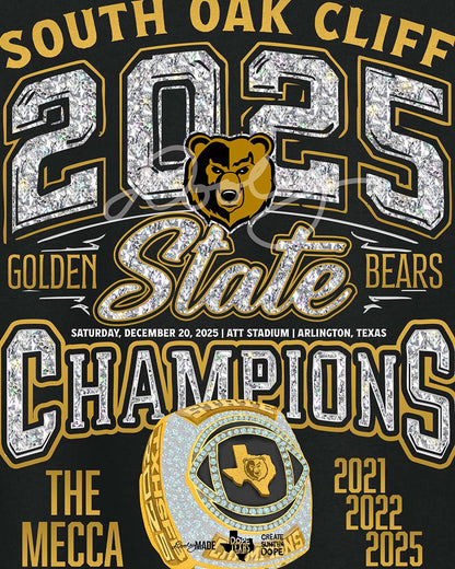 Zoomed in Black Shirt with 'South Oak Cliff 2025 State Champions' text in diamonds and and golden champion ring design with 'The Mecca' text and championship years (2021, 2022, 2025.)