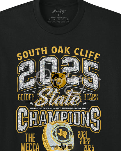 Black Shirt with 'South Oak Cliff 2025 State Champions' text in diamonds and and golden champion ring design with 'The Mecca' text and championship years (2021, 2022, 2025.) Zoomed.
