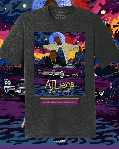 A heather black OutKast shirt featuring a custom out of this world illustration and an old school Cadillac, capturing the essence and colorful complexity of OutKast's extra-terrestrial rhymes. There is also an Andre 3000 quote from the song "2 Dope Boys in a Cadillac."