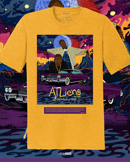 A heather gold OutKast shirt featuring a custom out of this world illustration and an old school Cadillac, capturing the essence and colorful complexity of OutKast's extra-terrestrial rhymes. There is also an Andre 3000 quote from the song "2 Dope Boys in a Cadillac."