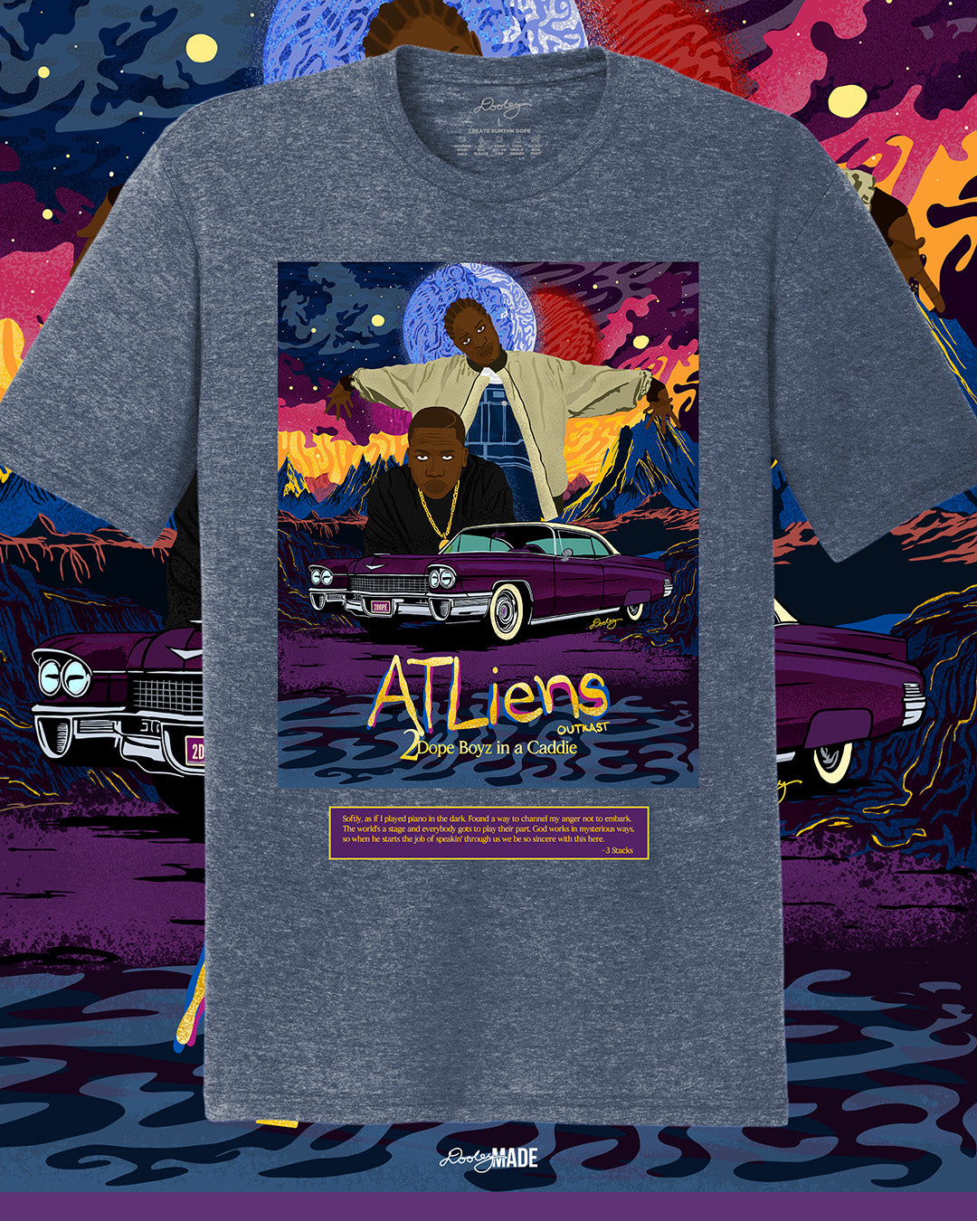 A heather navy OutKast shirt featuring a custom out of this world illustration and an old school Cadillac, capturing the essence and colorful complexity of OutKast's extra-terrestrial rhymes. There is also an Andre 3000 quote from the song "2 Dope Boys in a Cadillac."