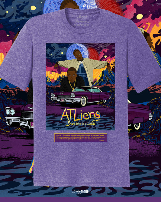 A heather purple OutKast shirt featuring a custom out of this world illustration and an old school Cadillac, capturing the essence and colorful complexity of OutKast's extra-terrestrial rhymes. There is also an Andre 3000 quote from the song "2 Dope Boys in a Cadillac."