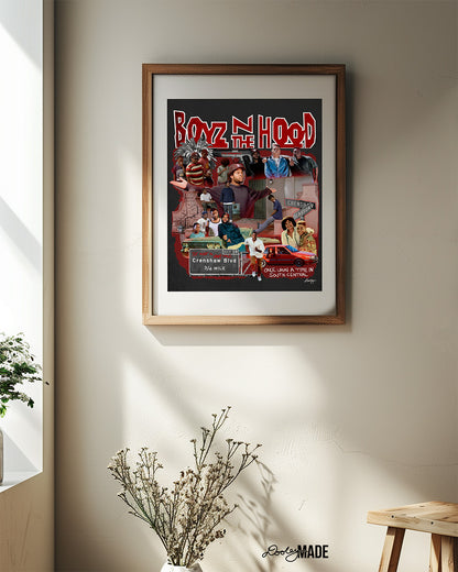 A premium Boyz N The Hood artwork and print wall decor featuring a detailed collage of restored scenes and characters from the iconic 90s movie in a brown picture frame on a eggshell wall. A perfect art piece to add life to a space.