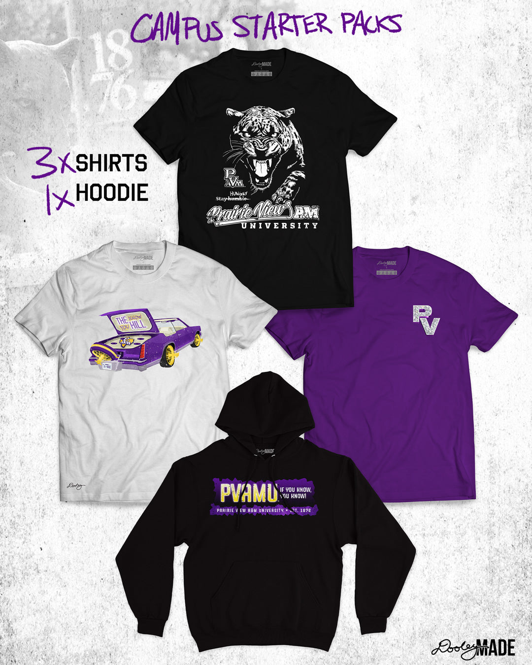 An image showing 3 Prairie View A&M Shirts and 1 hoodie. Each article is decorated with Prairie View A&M prints.