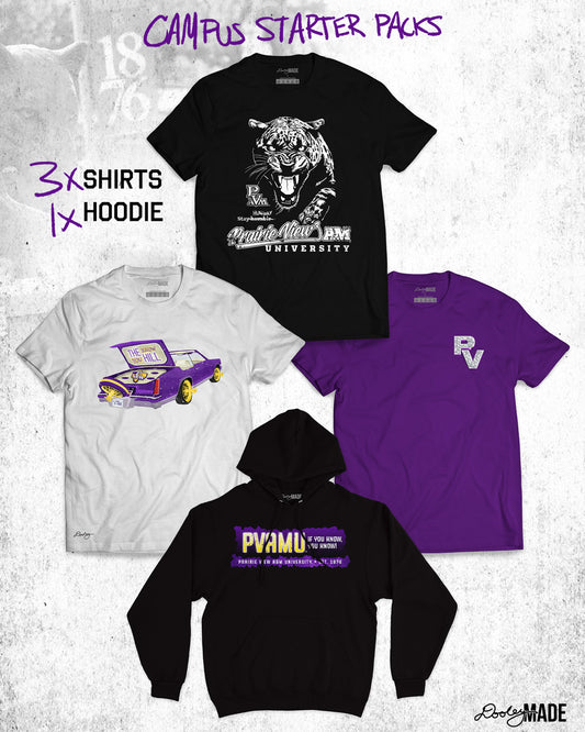An image showing 3 Prairie View A&M Shirts and 1 hoodie. Each article is decorated with Prairie View A&M prints.