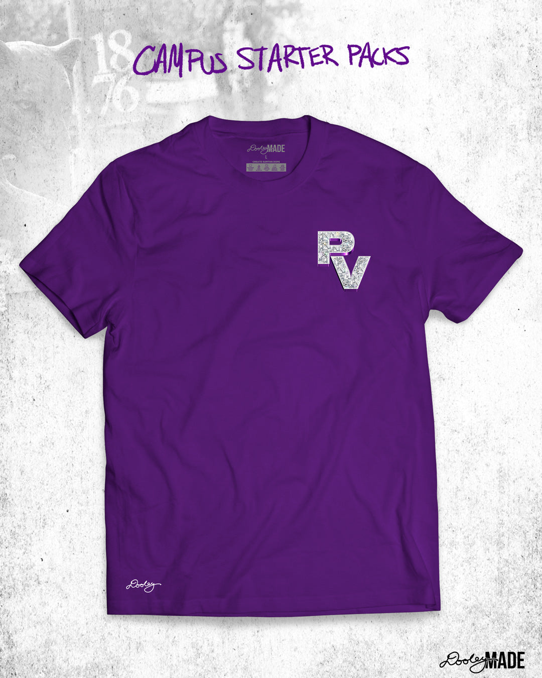 The image features a purple t-shirt with a diamond patterned "PV" logo on the left chest area, made up of a pattern that appears to be a white or light grey texture.The background of the image has a faint, textured appearance with the words "CAMPUS STARTER PACKS" written at the top in a handwritten style. The lower right corner features the "Dooley Made" cursive font logo.