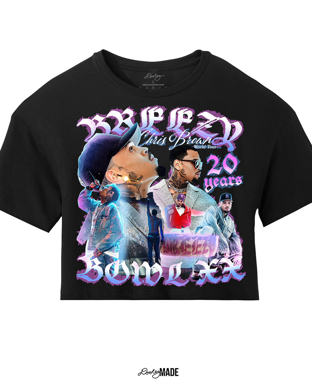 A Black crop top  t-shirt with a pink, blue, and white graphic that says 'Breezy Bowl XX,' 'Chris Brown World Word Tour' and '20 Years.' The graphic also features a collection of stylized Chris Brown photos with pink and blue highlights. 