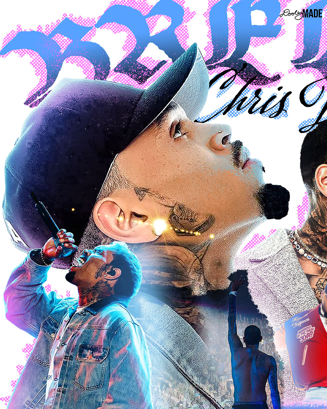Image of a collage graphic showing the left side details of a Chris Brown Breezy Bowl XX shirt. It is with a pink, blue, and white graphic that says 'Breezy Bowl XX,' 'Chris Brown World Word Tour' and '20 Years.' The graphic also features a collection of stylized Chris Brown photos with pink and blue highlights. 