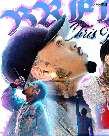 Image of a collage graphic showing the left side details of a Chris Brown Breezy Bowl XX shirt. It is with a pink, blue, and white graphic that says 'Breezy Bowl XX,' 'Chris Brown World Word Tour' and '20 Years.' The graphic also features a collection of stylized Chris Brown photos with pink and blue highlights. 