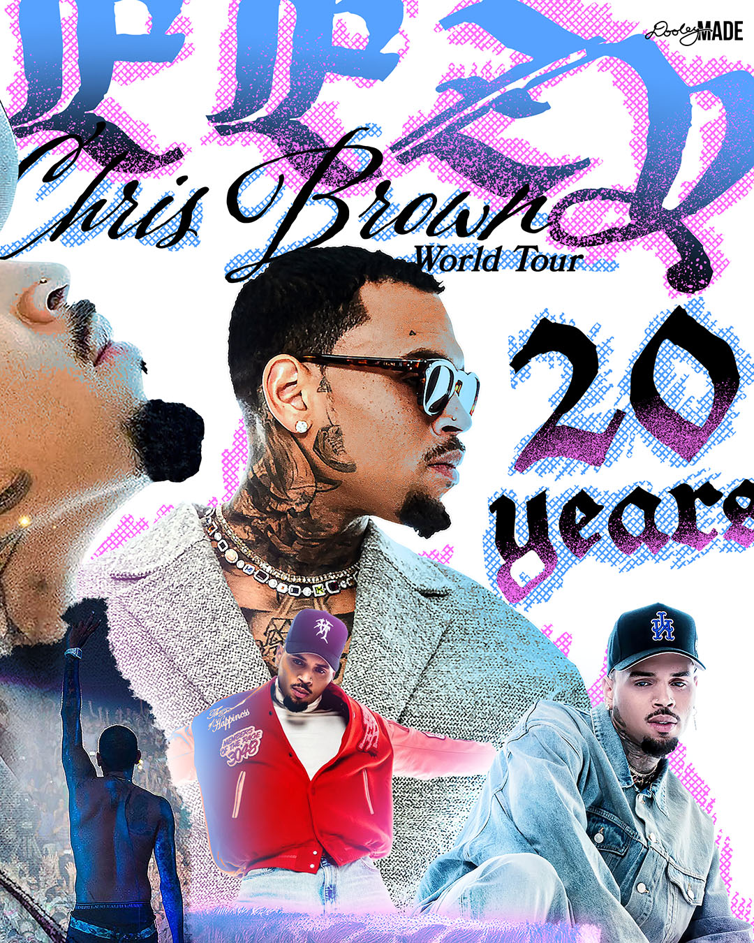 Image of a collage graphic showing the middle details of a Chris Brown Breezy Bowl XX shirt. It is with a pink, blue, and white graphic that says 'Breezy Bowl XX,' 'Chris Brown World Word Tour' and '20 Years.' The graphic also features a collection of stylized Chris Brown photos with pink and blue highlights. 