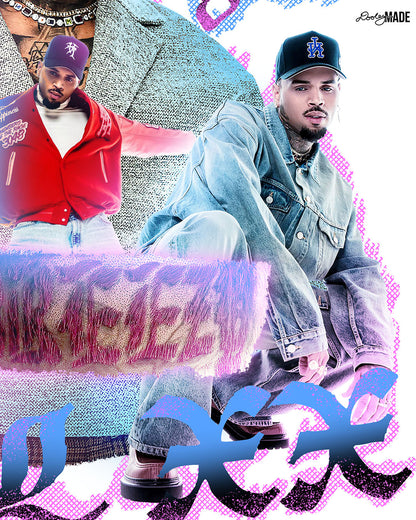 Image of a collage graphic showing the right side details of a Chris Brown Breezy Bowl XX shirt. It is with a pink, blue, and white graphic that says 'Breezy Bowl XX,' 'Chris Brown World Word Tour' and '20 Years.' The graphic also features a collection of stylized Chris Brown photos with pink and blue highlights. 