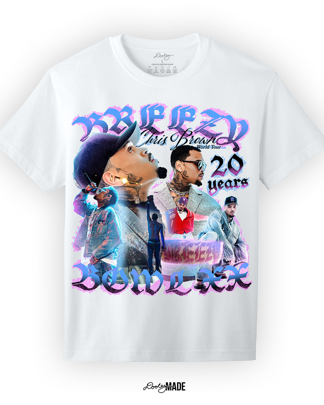 A white oversized heavyweight t-shirt with a pink, blue, and white graphic that says 'Breezy Bowl XX,' 'Chris Brown World Word Tour' and '20 Years.' The graphic also features a collection of stylized Chris Brown photos with pink and blue highlights. 