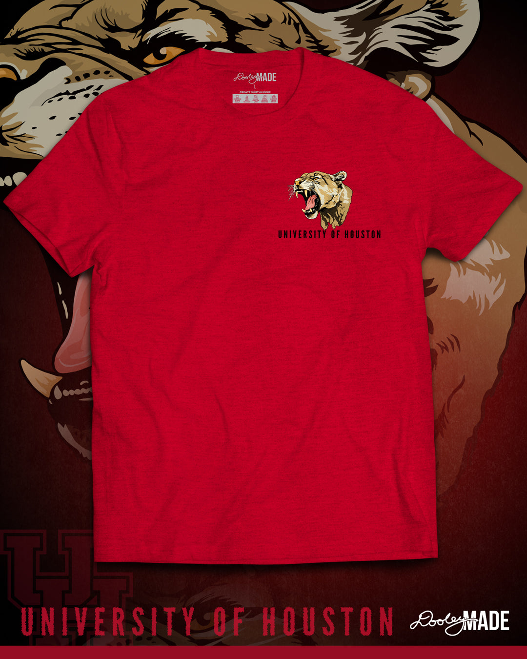 A heather red University of Houston shirt featuring a roaring cougar printed on the left chest with the words "University of Houston" underneath in a rough, jagged san serif font. 