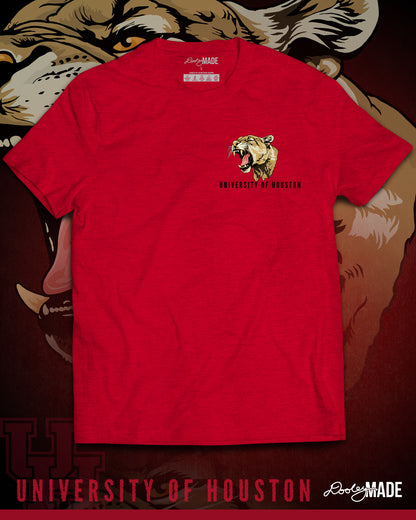 A heather red University of Houston shirt featuring a roaring cougar printed on the left chest with the words "University of Houston" underneath in a rough, jagged san serif font. 
