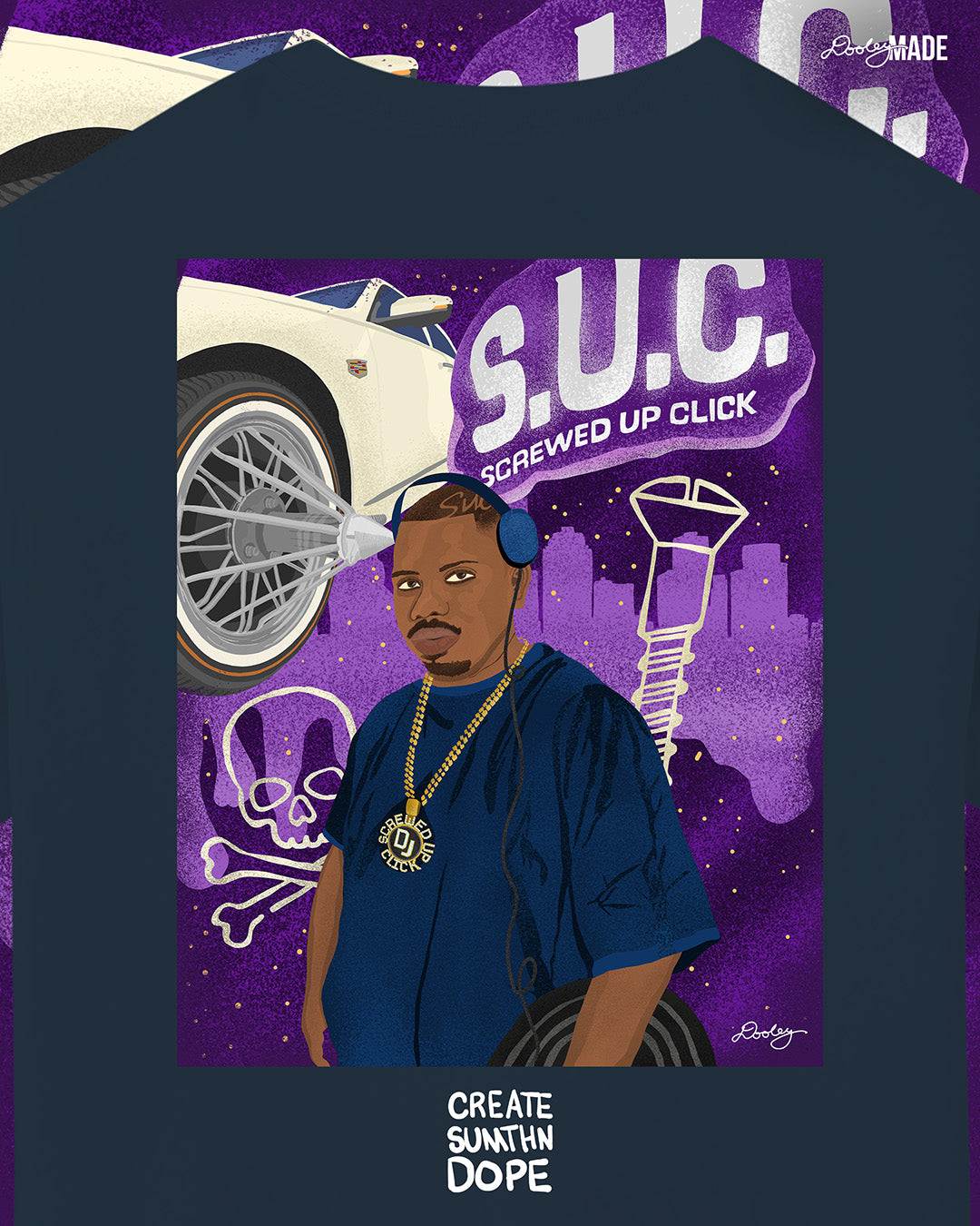 A premium navy shirt with an illustration of Houston DJ Screw, a prominent figure in the hip-hop community, on the back.DJ Screw is depicted wearing headphones and a large gold chain with the "Screwed Up Click" medallion. The background features the acronym "S.U.C." (Screwed Up Click) in large letters, along with a white Cadillac with custom wire wheels, a screw, and a skull and crossbones symbol. The backdrop is a deep purple night sky with a city skyline silhouette, enhancing the urban and musical themes.