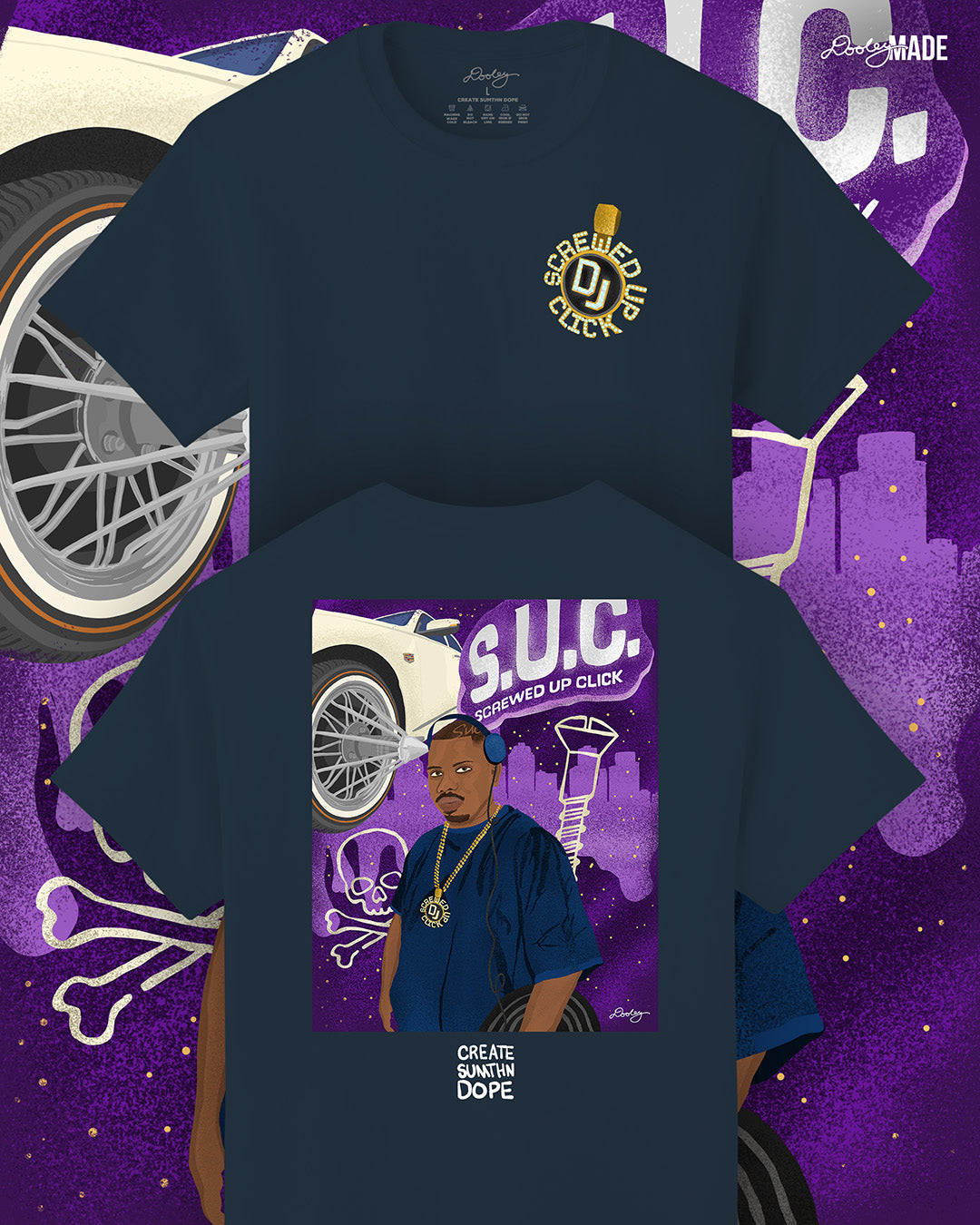A premium navy shirt with an illustration of Houston DJ Screw on the back and his S.U.C medallion on the front. DJ Screw is depicted wearing headphones and a large gold chain with the "Screwed Up Click" medallion. The background features the acronym "S.U.C." (Screwed Up Click) in large letters, along with a white Cadillac with custom wire wheels, a screw, and a skull and crossbones symbol. The backdrop is a deep purple night sky with a city skyline silhouette, enhancing the urban and musical themes.