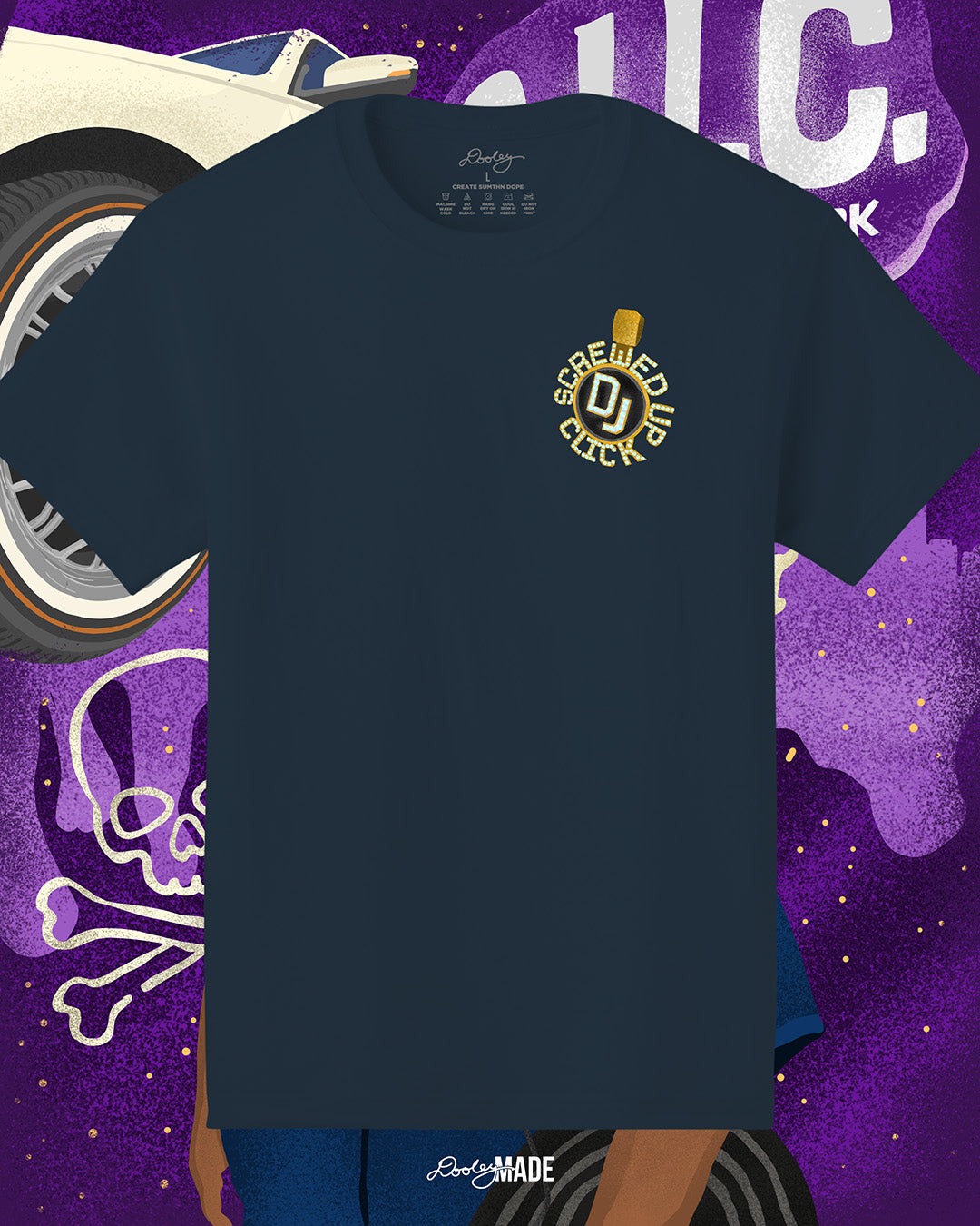 A premium navy DJ Screw themed shirt with an illustration of Houston DJ Screw's golden "Screwed Up Click" medallion on the left chest. 