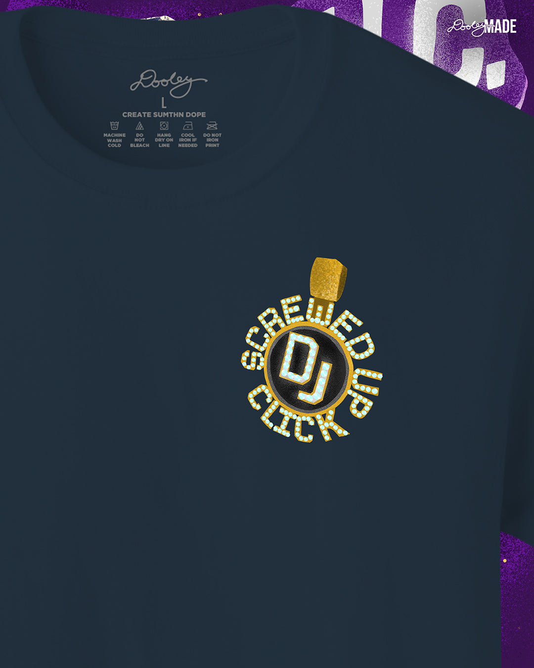 A premium navy DJ Screw themed shirt with an illustration of Houston DJ Screw's golden "Screwed Up Click" medallion on the left chest. 