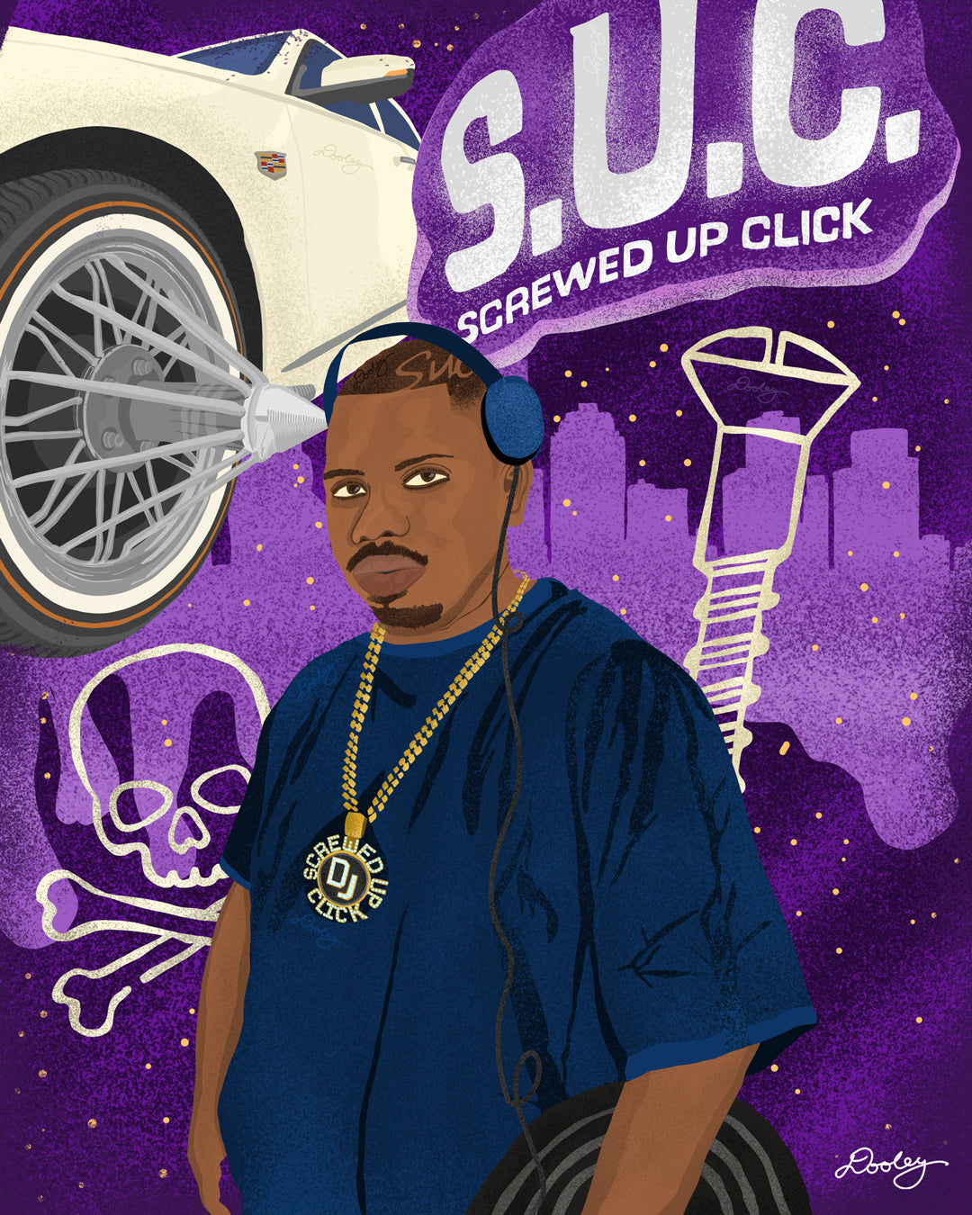An illustration of Houston DJ Screw, a prominent figure in the hip-hop community. DJ Screw is depicted wearing headphones and a large gold chain with the "Screwed Up Click" medallion. The background features the acronym "S.U.C." (Screwed Up Click) in large letters, along with a white Cadillac with custom wire wheels, a screw, and a skull and crossbones symbol. The backdrop is a deep purple night sky with a city skyline silhouette, enhancing the urban and musical themes.