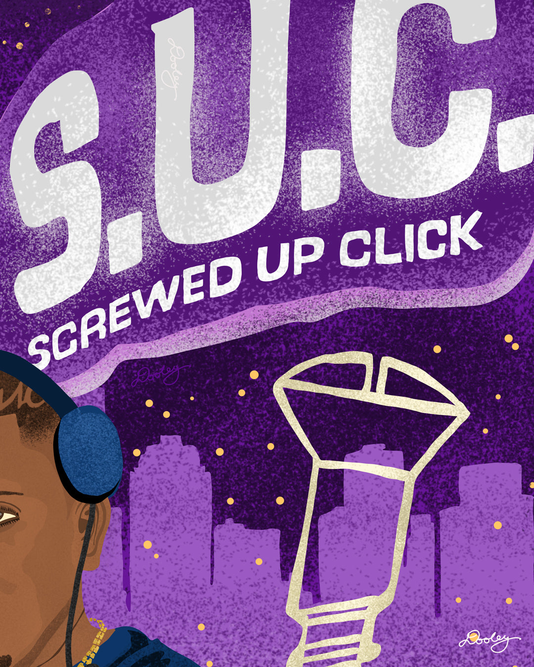 An illustration of the acronym "S.U.C." with Screwed Up Click underneath in large letters on a piece of DJ Screw artwork.