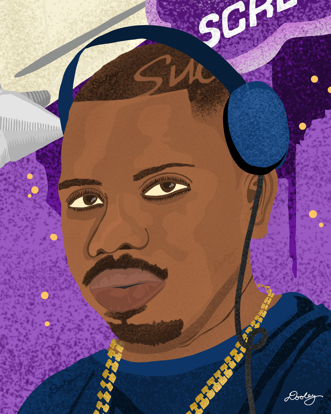 An illustration of Houston DJ Screw, a prominent figure in the hip-hop community. DJ Screw is depicted wearing headphones and a large gold chain  The  The backdrop is a deep purple night sky, enhancing the urban and musical themes.