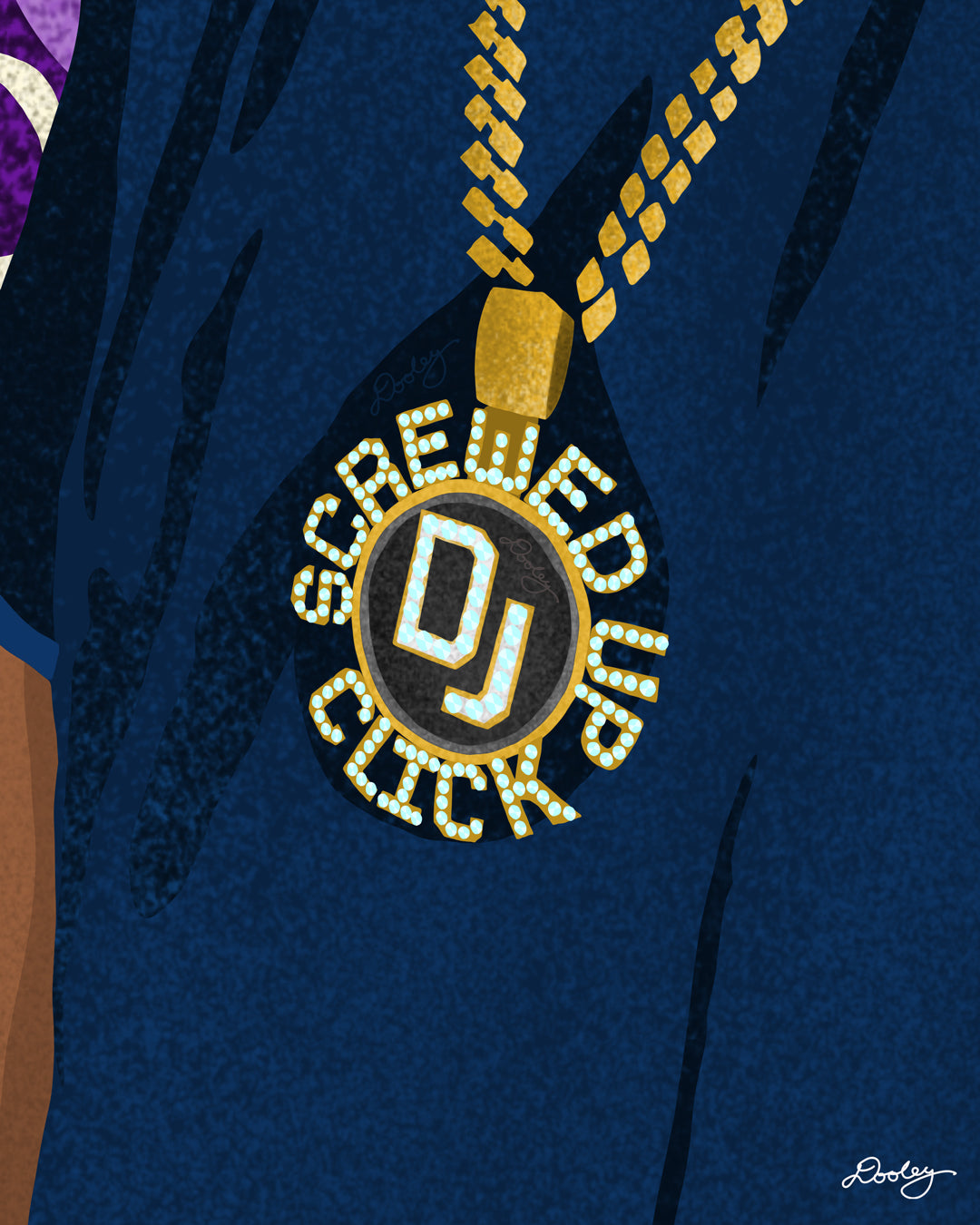  An illustration of Houston DJ Screw's iconic large gold chain and "Screwed Up Click" medallion.