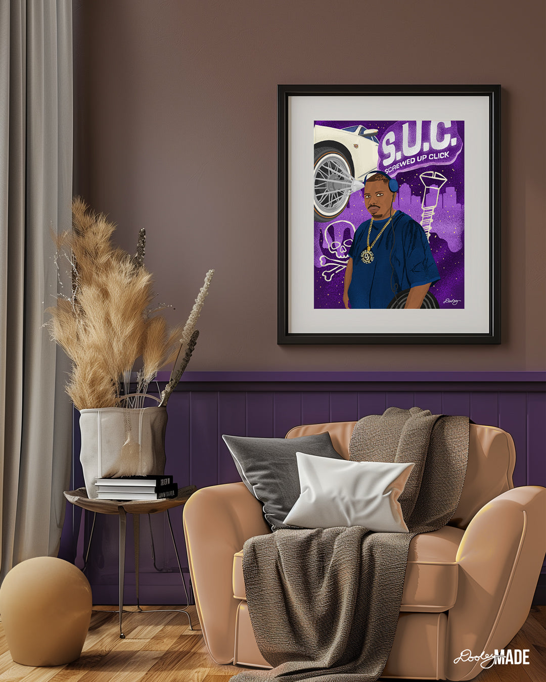 The image depicts a tastefully decorated room. There is a large framed DJ Screw Illustration  artwork hanging on a deep brown wall. Image features iconic elements like the Screwed Up Click medallion, a white Cadillac, and a purple night sky. The room is furnished with a comfortable armchair, a side table holding books, and a decorative vase with dried flowers. Large windows with sheer curtains allow natural light to fill the space. The overall ambiance is warm and inviting.