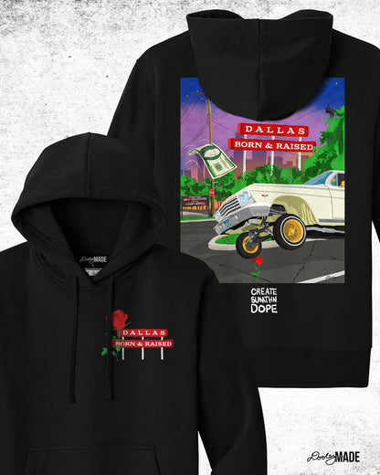An image of the front and back of a heavyweight black hoodie from The Dallas Concrete Rose Collection featuring a vibrant illustration by Dre Dooley of a classic 1964 Chevy Impala lowrider with gold wire wheels, hopping in the streets of Dallas. A red street sign reads "Dallas Born & Raised", set against a sunset city skyline. A floating $100 bill, power lines, and urban elements reflect the culture of Dallas, TX. A single red rose grows from a cracked street, symbolizing resilience and roots.