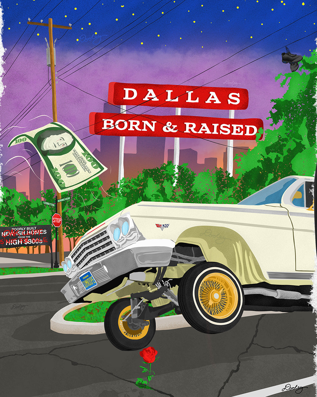 Vibrant illustration by Dre Dooley of a classic 1962 Chevy Impala lowrider with gold wire wheels, hopping in the streets of Dallas. A red street sign reads "Dallas Born & Raised", set against a sunset city skyline. A floating $100 bill, power lines, and urban elements reflect the culture of Dallas, TX. A single red rose grows from a cracked street, symbolizing resilience and roots.