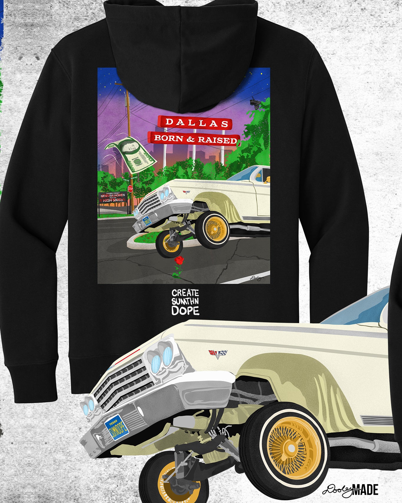 An image of heavyweight black hoodie from The Dallas Concrete Rose Collection featuring a vibrant illustration by Dre Dooley of a classic 1964 Chevy Impala lowrider with gold wire wheels, hopping in the streets of Dallas. A red street sign reads "Dallas Born & Raised", set against a sunset city skyline. A floating $100 bill, power lines, and urban elements reflect the culture of Dallas, TX. A single red rose grows from a cracked street, symbolizing resilience and roots.