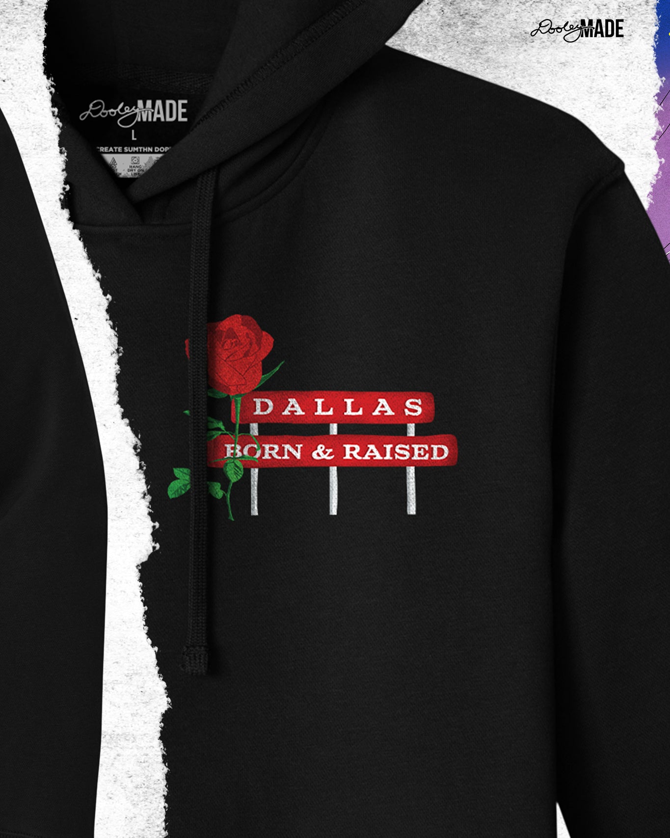 An image of heavyweight black hoodie from The Dallas Concrete Rose Collection featuring a vibrant illustration by Dre Dooley of a Rose and a sign "Dallas Born and Raised" on the left chest. 