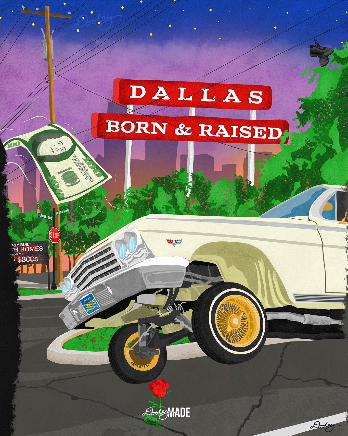 The Dallas Concrete Rose artwork - a vibrant illustration by Dre Dooley of a classic 1964 Chevy Impala lowrider with gold wire wheels, hopping in the streets of Dallas. A red street sign reads "Dallas Born & Raised", set against a sunset city skyline. A floating $100 bill, power lines, and urban elements reflect the culture of Dallas, TX. A single red rose grows from a cracked street, symbolizing resilience and roots.