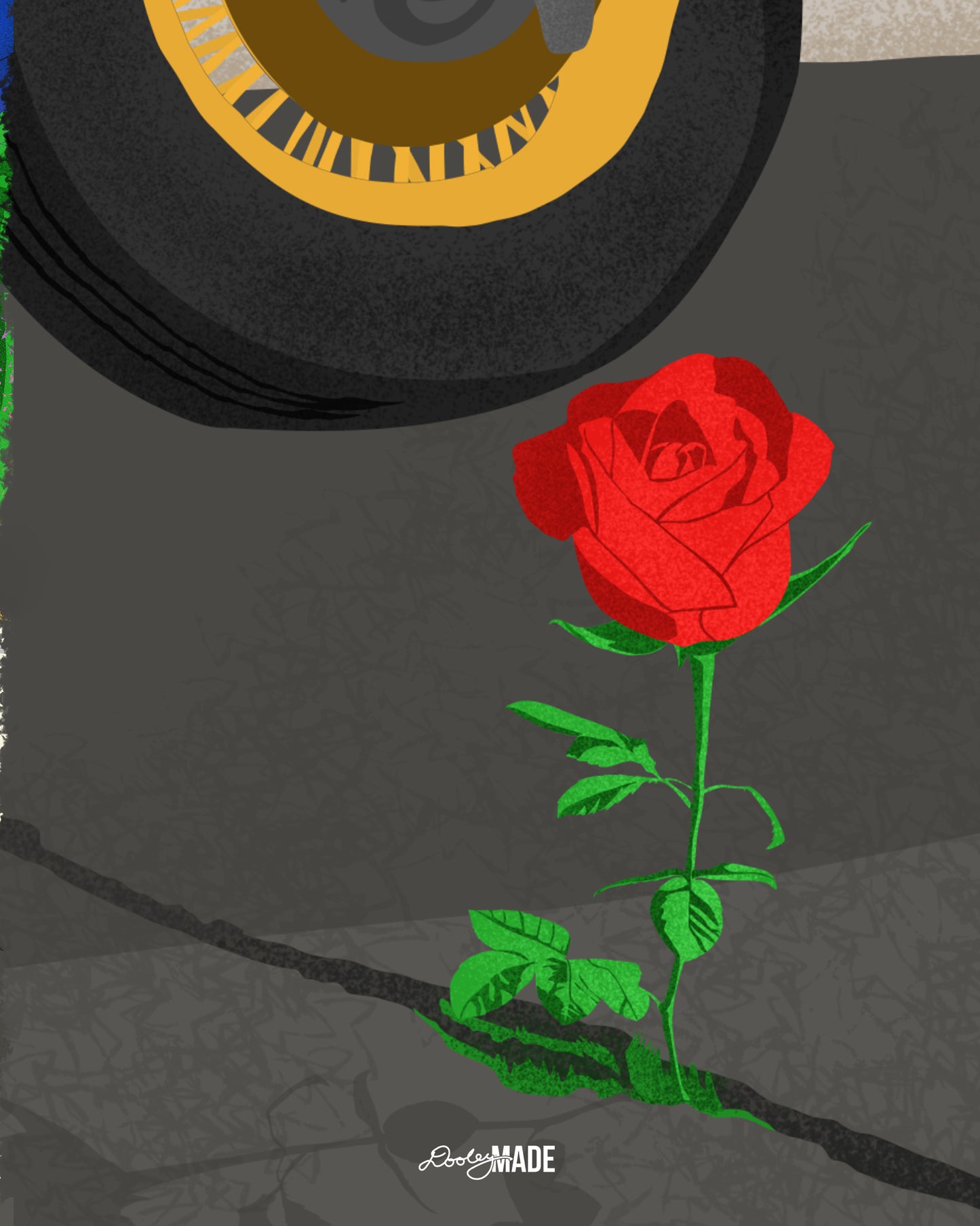 An image showing illustration details The Dallas Concrete Rose Collection featuring by Dre Dooley. A single red rose grows from a cracked street, symbolizing resilience and roots.
