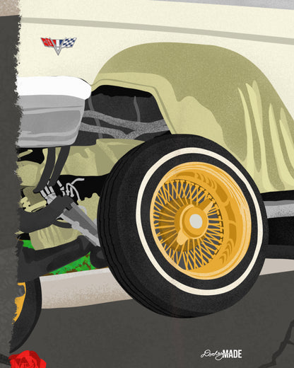 An image showing illustration details of The Dallas Concrete Rose Collection featuring a vibrant illustration by Dre Dooley of a classic 1964 Chevy Impala lowrider with gold wire wheels, hopping in the streets of Dallas. 