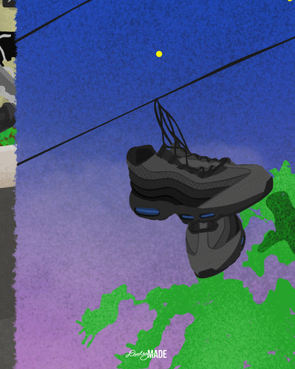 A close-up showing details of digital illustration from the Dallas Concrete Rose Collection by Dre Dooley of a pair of grey air max 95s hanging by the laces from a powerline. 