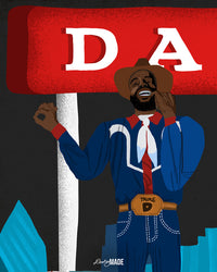 A  Dallas themed shirt called "Dallas Love" zoomed to show the detail of a brown skinned Big Tex with silver and diamond encrusted teeth and "Triple D" belt-buckle.