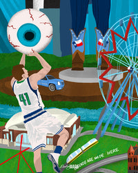 A Dallas themed shirt called "Dallas Love" with an illustration of Dirk shooting the Giant Eyeball, the Texas Start Ferris wheel, and other Dallas. Texas-themed elements.
