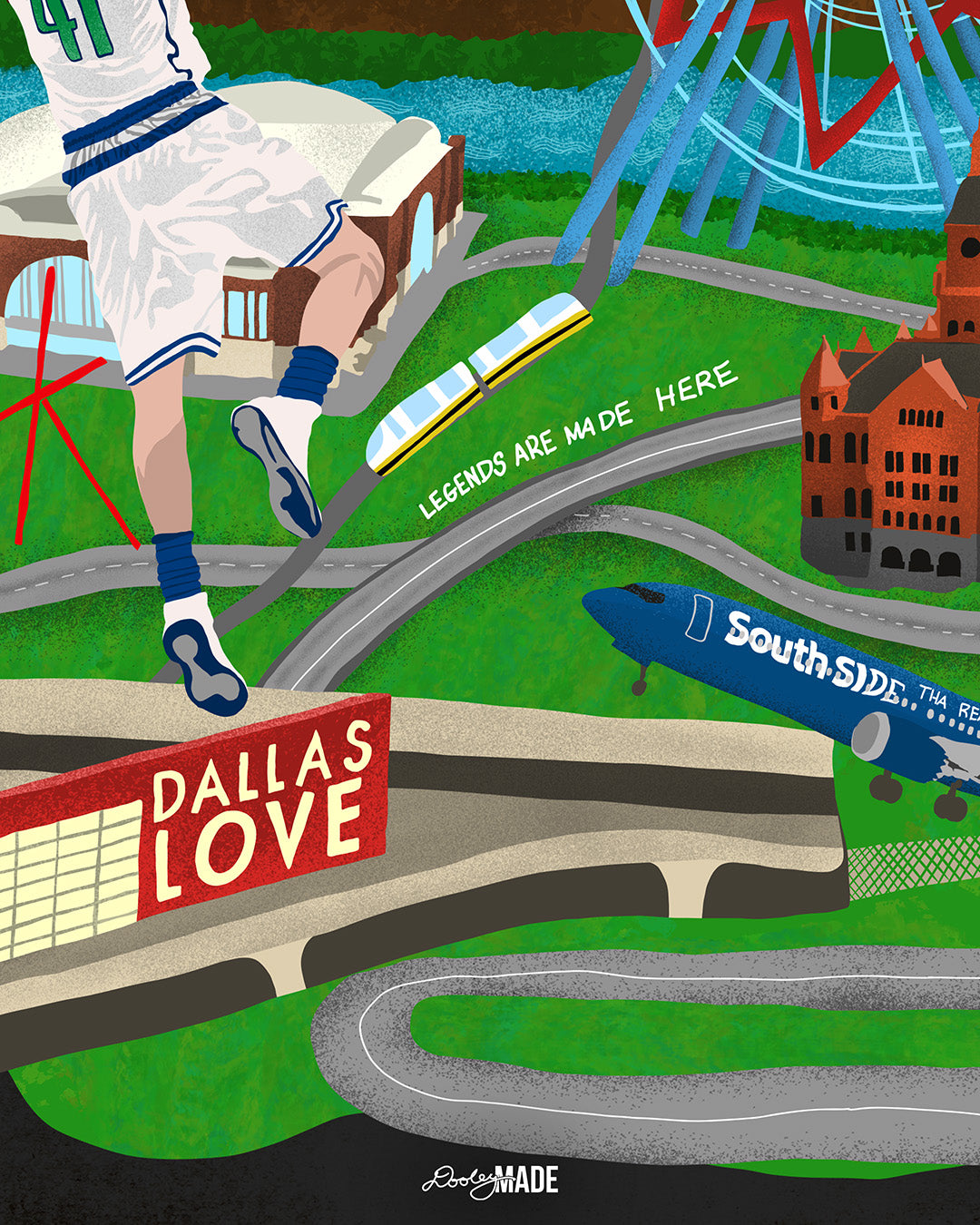 A Dallas themed shirt called "Dallas Love" with an Illustration of a basketball player with text and graphics related to 'Dallas Love' and 'South Side', featuring a Ferris wheel and old Dallas Courthouse.