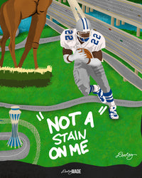 A Dallas themed shirt called "Dallas Love" with an Illustration of a football player like Emmit Smith and the text 'Not a Stain on Me'.